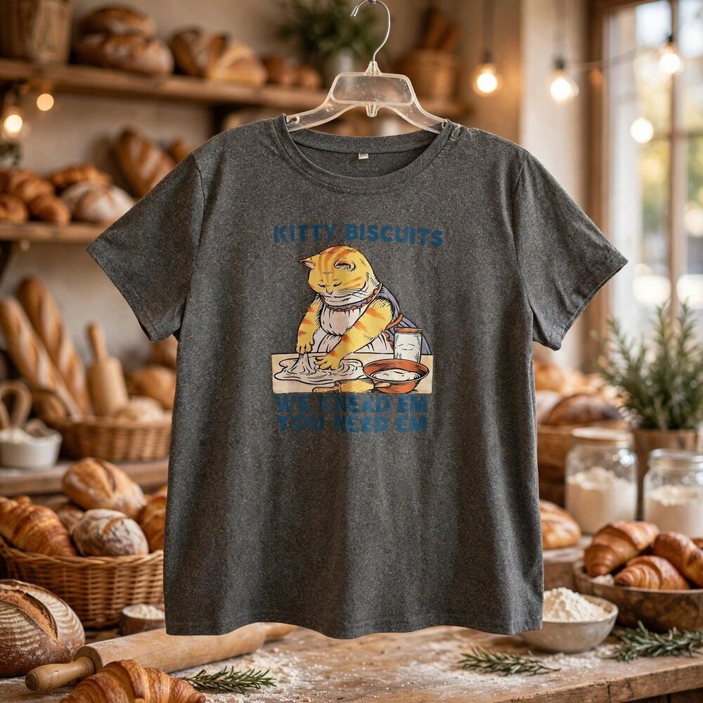 Kitty Biscuits Cat Baking Graphic T-Shirt Gray Heather XXL NWOT C243